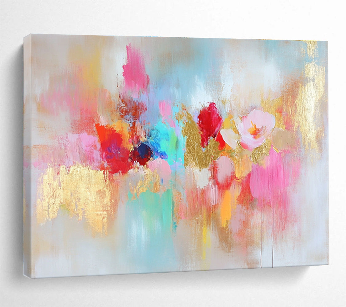 Large abstract painting with vibrant colors and gold leaf accents symbolizing happiness creativity and hope on a soft textured white background.SC264