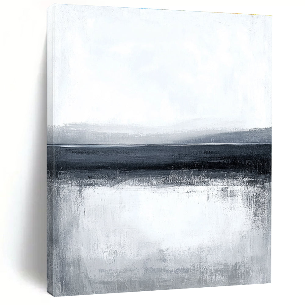 Large abstract painting featuring a serene water landscape with a gray sky and subtle brush strokes creating a calm minimalist design.STSC124