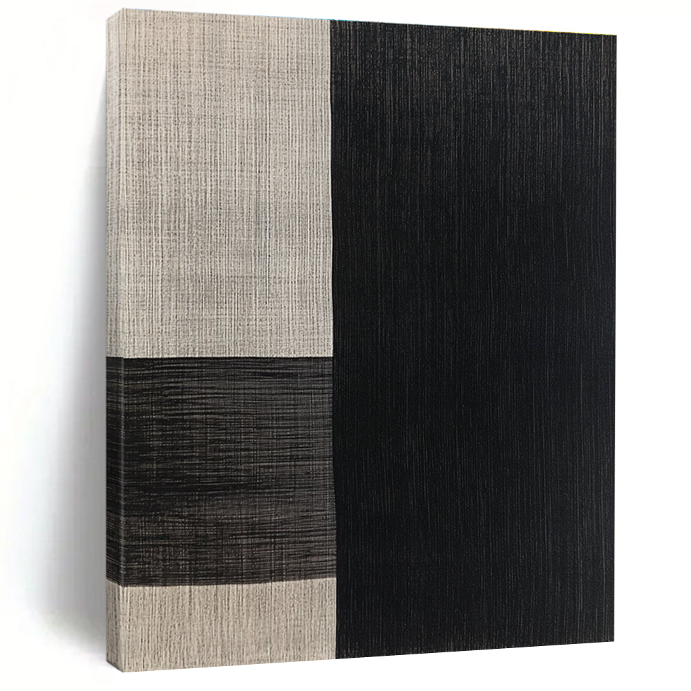 Black and Beige Textured Squares Abstract Painting with Woven - Like Patterns GER015