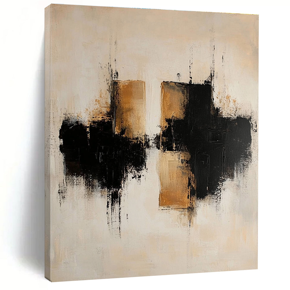 Beige Black Reflective Abstract Painting with Textured Layers GER775