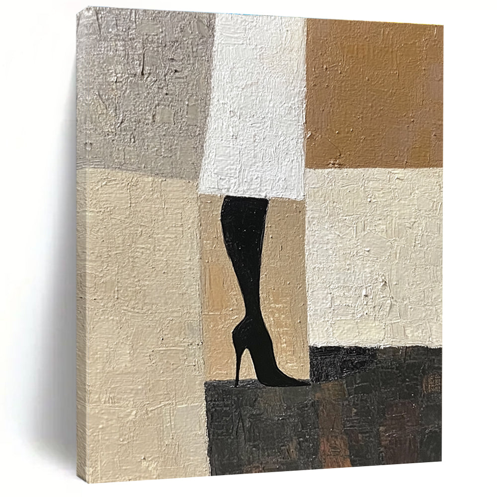 Large abstract painting featuring a woman's legs in Art Deco and Cubism style with a beige white and black palette on textured canvas.STSC1327