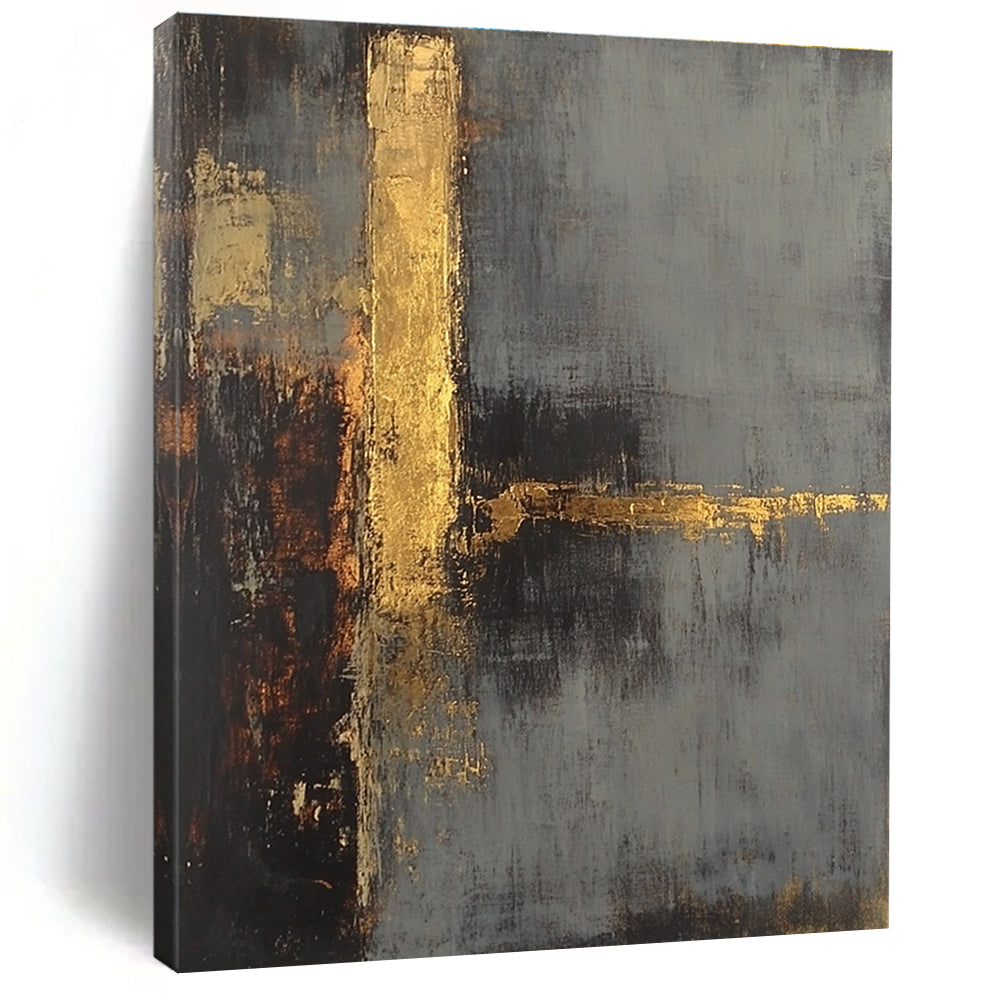 Large abstract painting in gray and gold tones with a textured background and a hint of a tower evoking mystery and calmness.STSC418