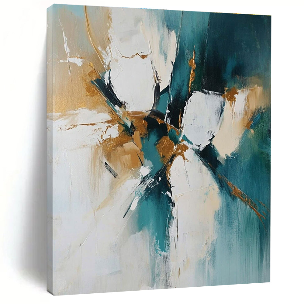 Teal Gold and White Abstract Painting with Dynamic Strokes GER682