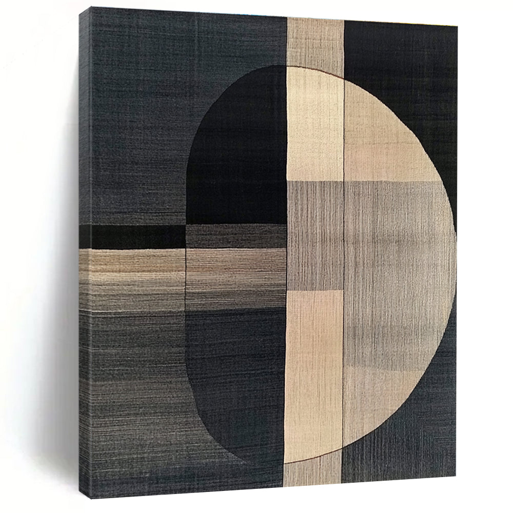 Abstract carpet design inspired by Picasso showcasing dark gray and beige in a modern art style with simple shapes and black lines.STSC1060