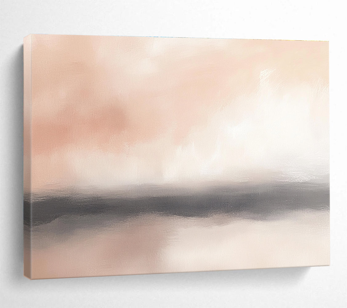 Large abstract painting of the horizon featuring soft pinks whites and hints of gray with blurry clouds for a serene atmosphere.SC360