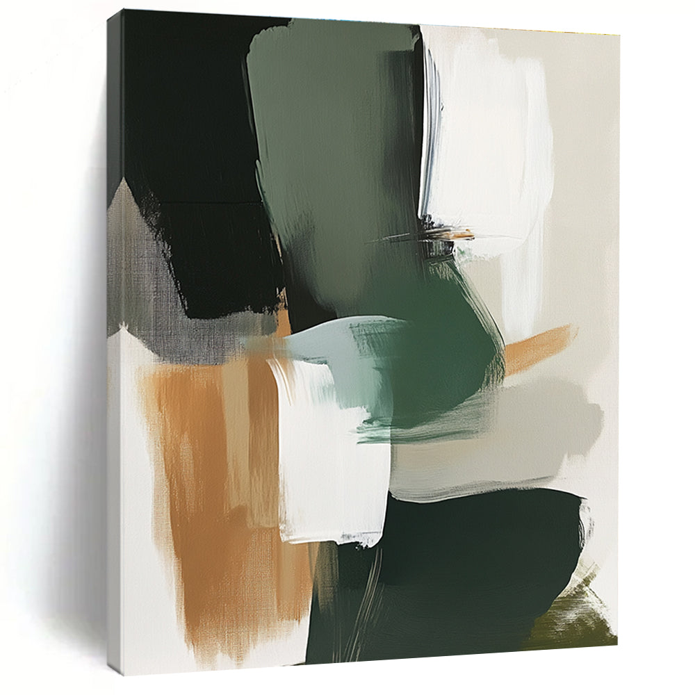 Large abstract painting featuring green grey and white tones with expressive brush strokes and organic shapes in a neutral color palette.STSC760