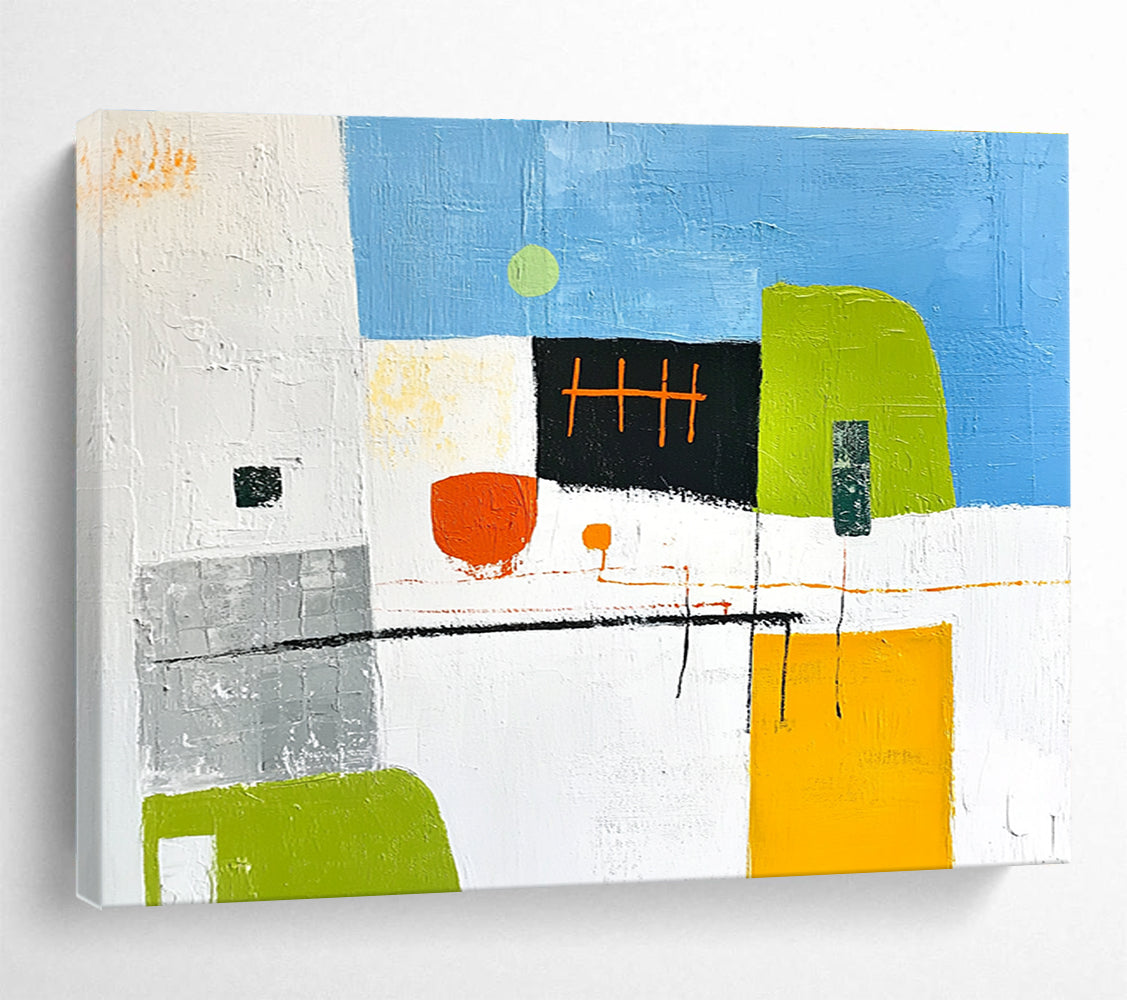 Abstract modern painting featuring architectural elements in green and yellow accents with orange lines grey buildings and a blue sky on a white background.SC099