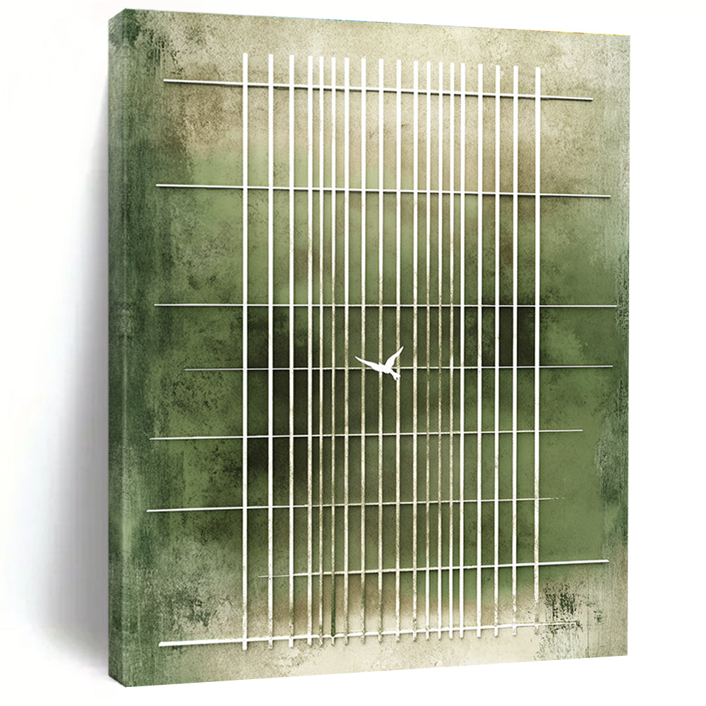 Large abstract painting featuring a green striped background with white doves symbolizing peace against soft beige tones evoking hope and contemplation.STSC1216