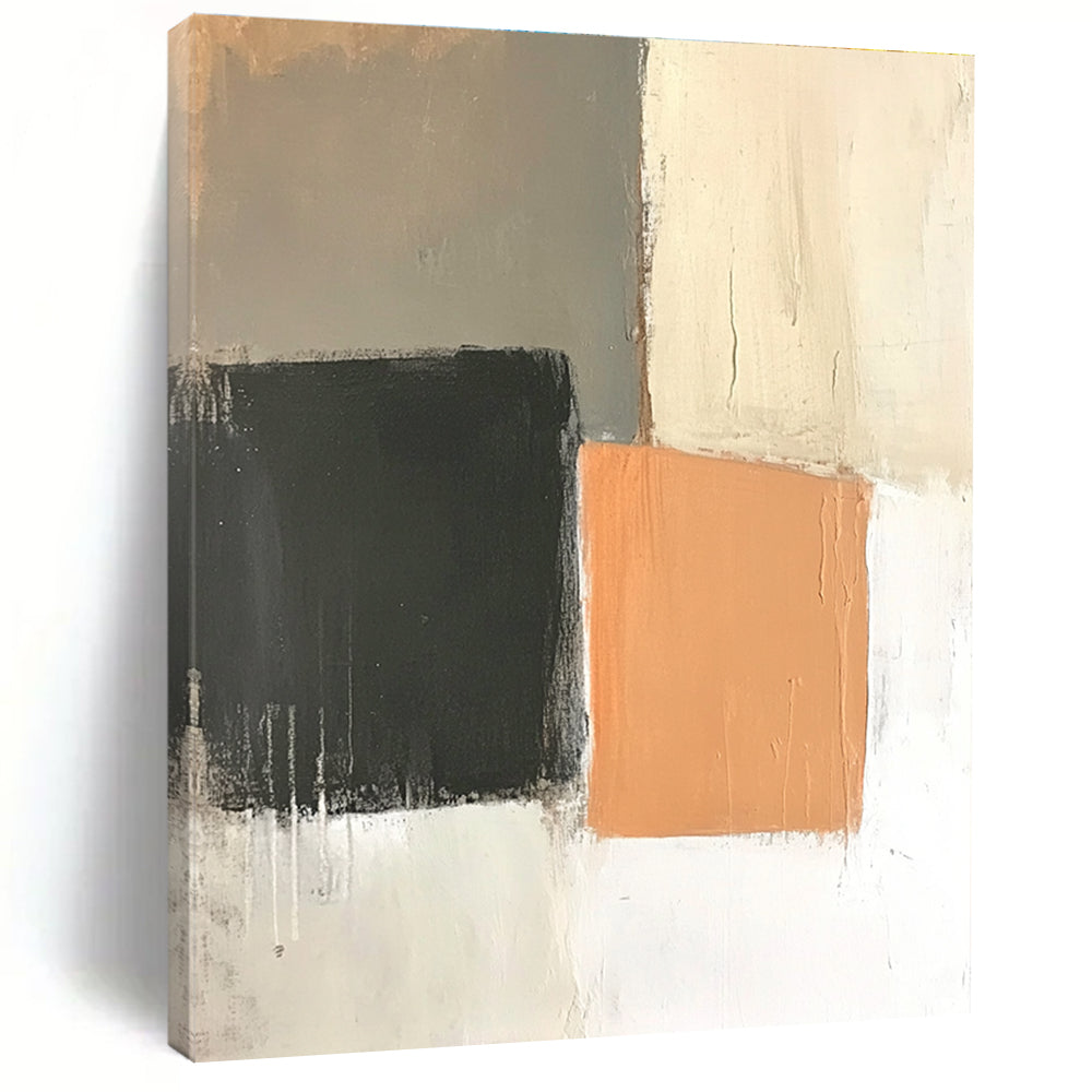 Abstract painting featuring an off-white wall with light orange and dark gray squares in a muted color palette and loose brushstrokes.STSC654