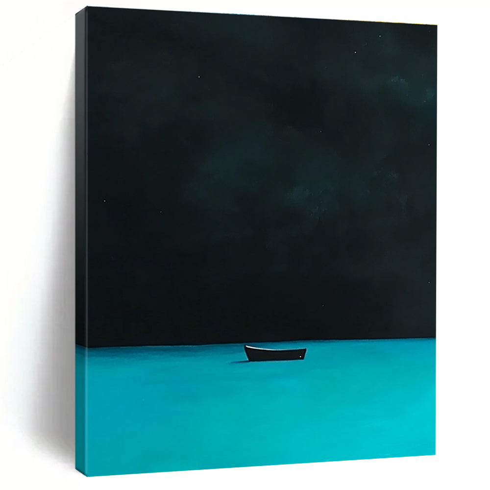 A large abstract painting depicting a distant boat on turquoise waters under a night sky inspired by David Hockney's style.STSC1198