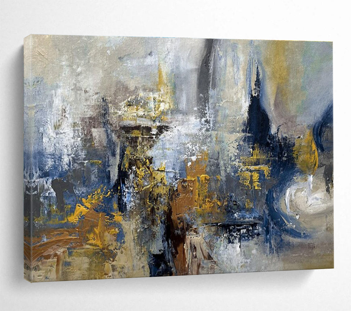 Blue Gray Gold Abstract Painting with Industrial Abstraction THY339