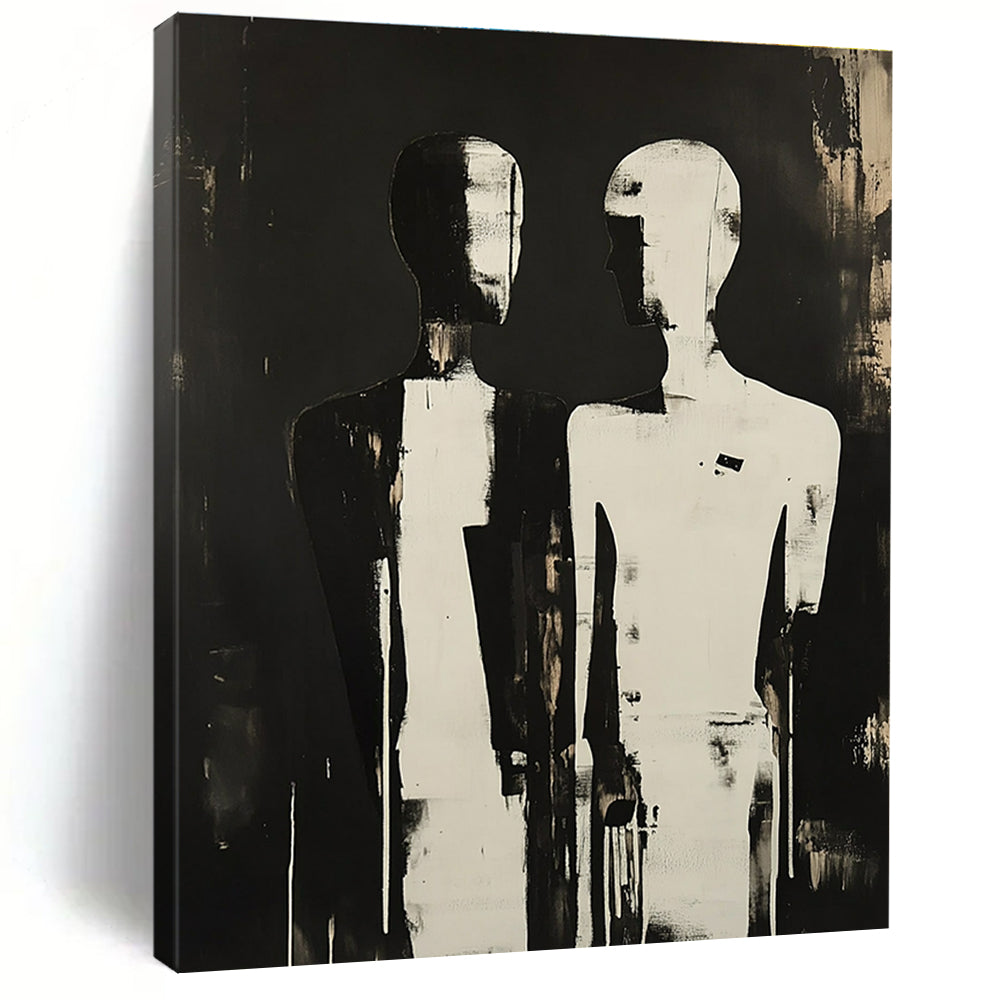 A large abstract painting featuring two silhouetted figures with elongated and featureless heads, evoking mystery and emotional connection against a dark backdrop.STSC908