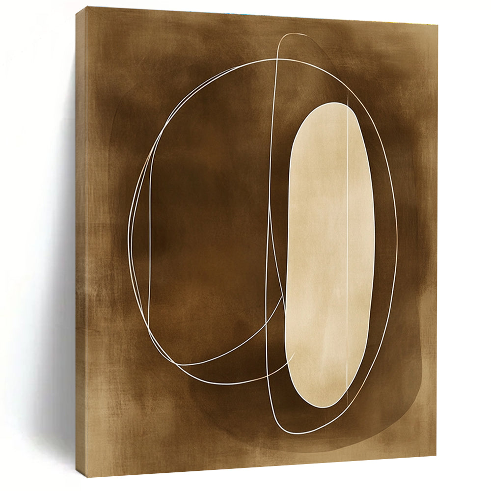Large abstract painting with sepia tones featuring soft lines organic shapes outlined in white enhancing simplicity and elegance.STSC484