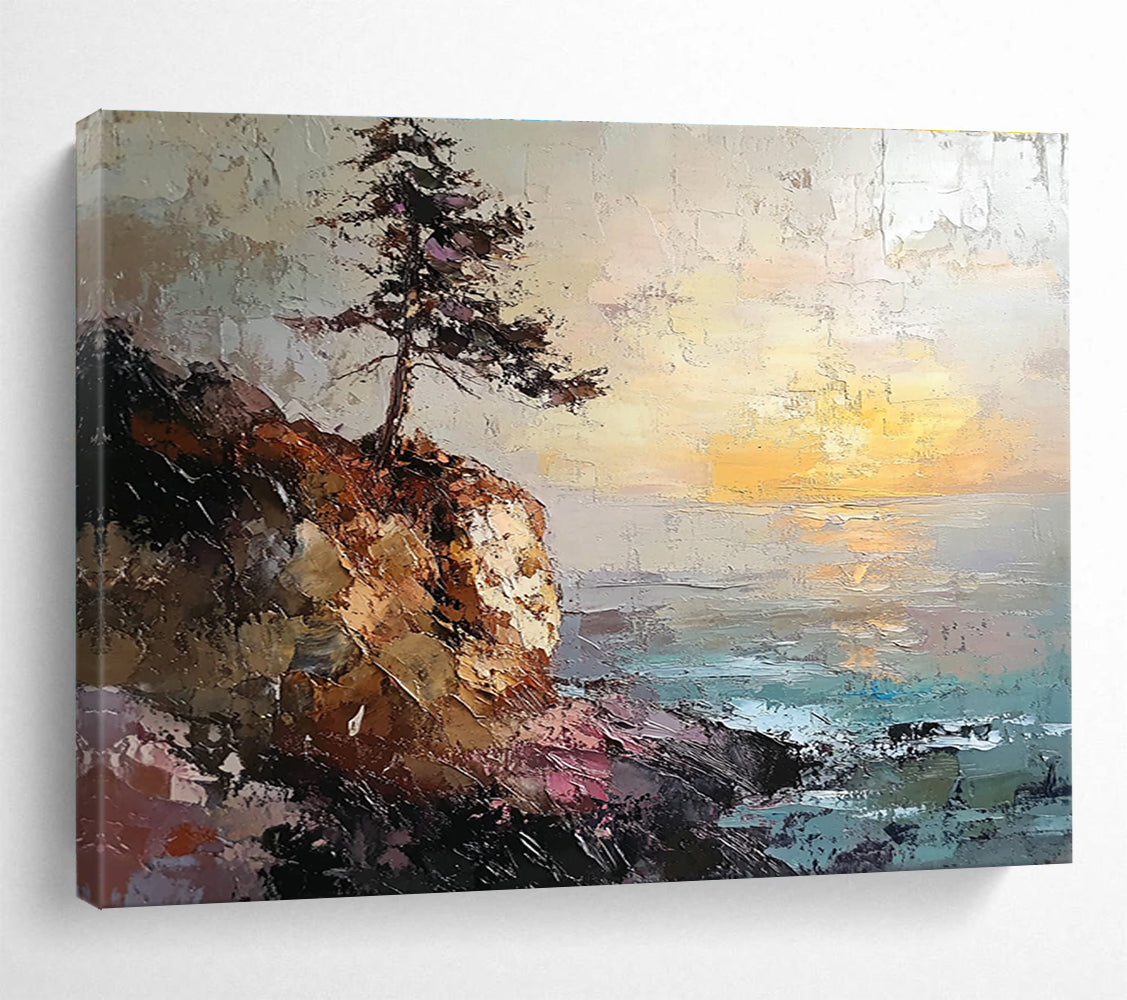 Abstract painting featuring a rocky coastline with a pine tree on a cliff under a sunset in textured oil paint.SC599