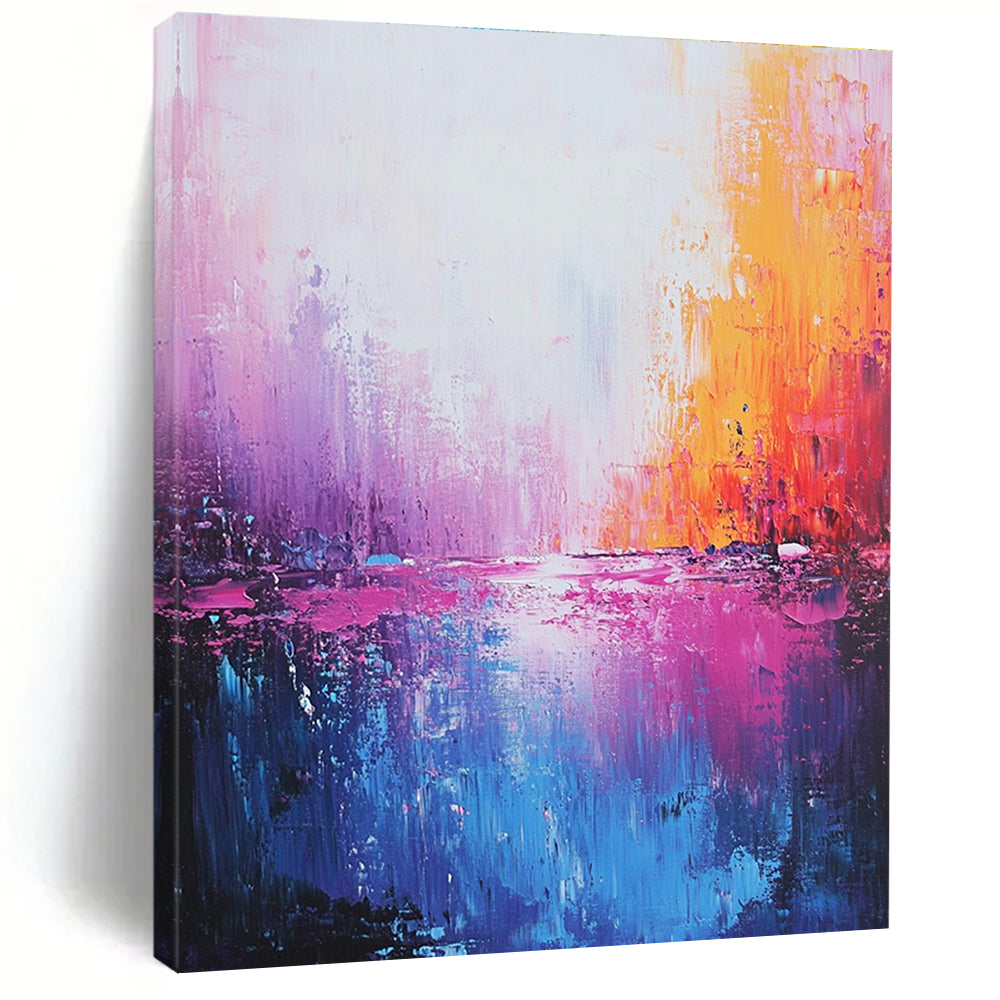 Large abstract painting of the sea in light pink dark blue and purple with meticulous brushwork and dreamy quality creating a romantic atmosphere.STSC345