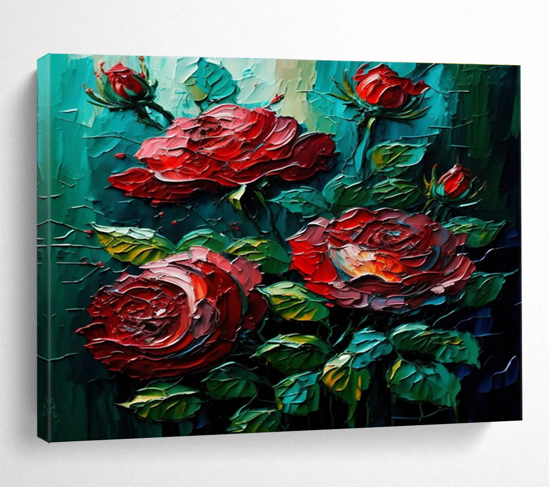 Red Rose Texture Abstract Painting with Deep Greens and Reds THY306