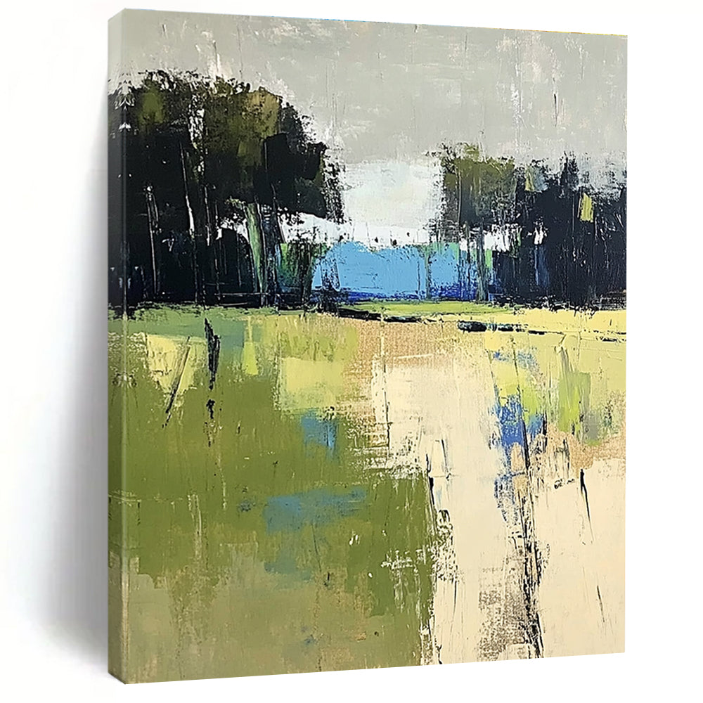 Large abstract painting featuring green and blue fields with distant trees in beige and dark gray tones on a textured canvas.STSC186