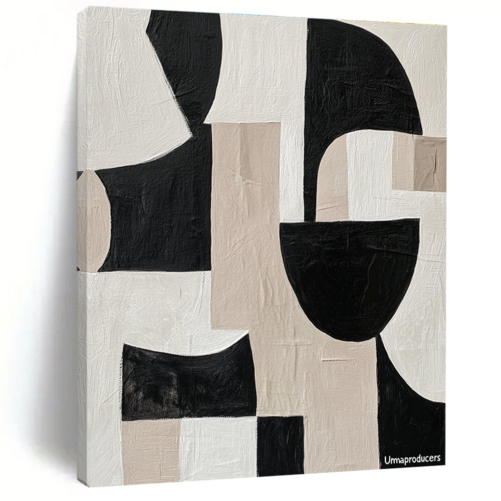 Large abstract painting with overlapping fluid shapes in black and white featuring the word Umaproducers crafted in tape showcasing depth and movement.STSC483