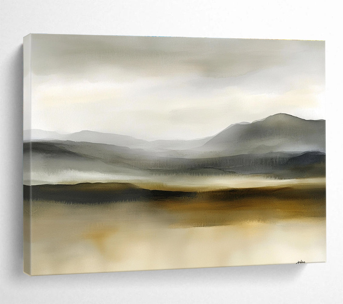 Large abstract watercolor painting of Scottish moors in soft gray and beige tones, creating a tranquil and misty atmosphere for any space.SC288