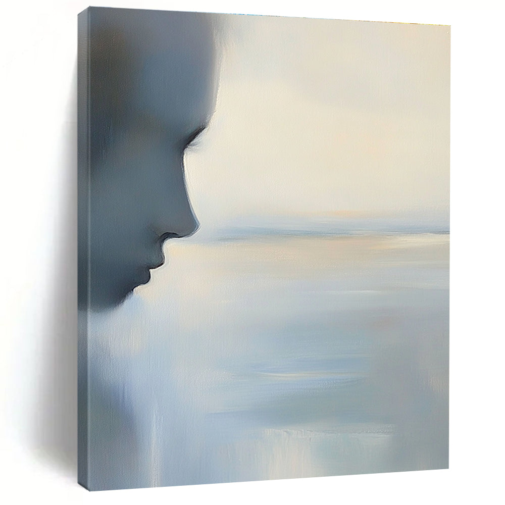 Abstract painting of the ocean and sky in soft blues and greys with calming minimalist aesthetics and delicate color accents.STSC883