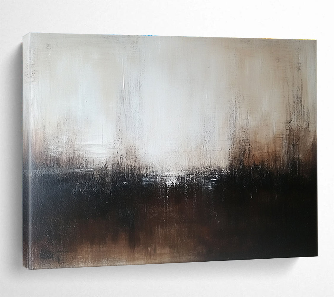 Large abstract painting in dark brown and white with neutral tones on wood panel features blurred edges and intricate details in minimalist style.SC057