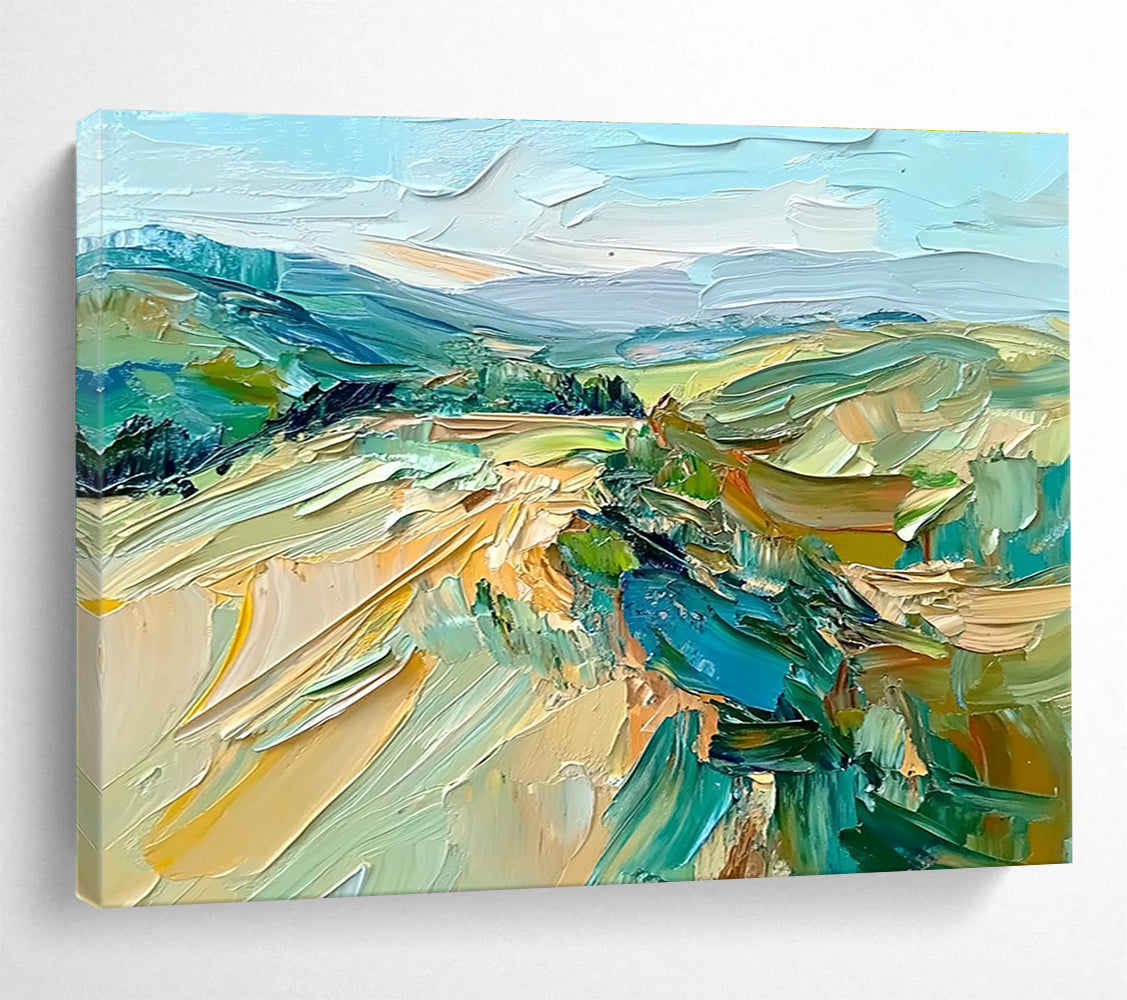 Large abstract oil painting of the French countryside featuring impasto strokes in green, blue, beige, and brown for a natural earthy feel.SC127