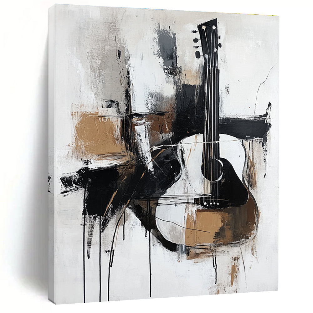 A large abstract painting featuring thick brush strokes in black white grey and brown with a minimalistic abstract guitar in elegant neutral tones.STSC818