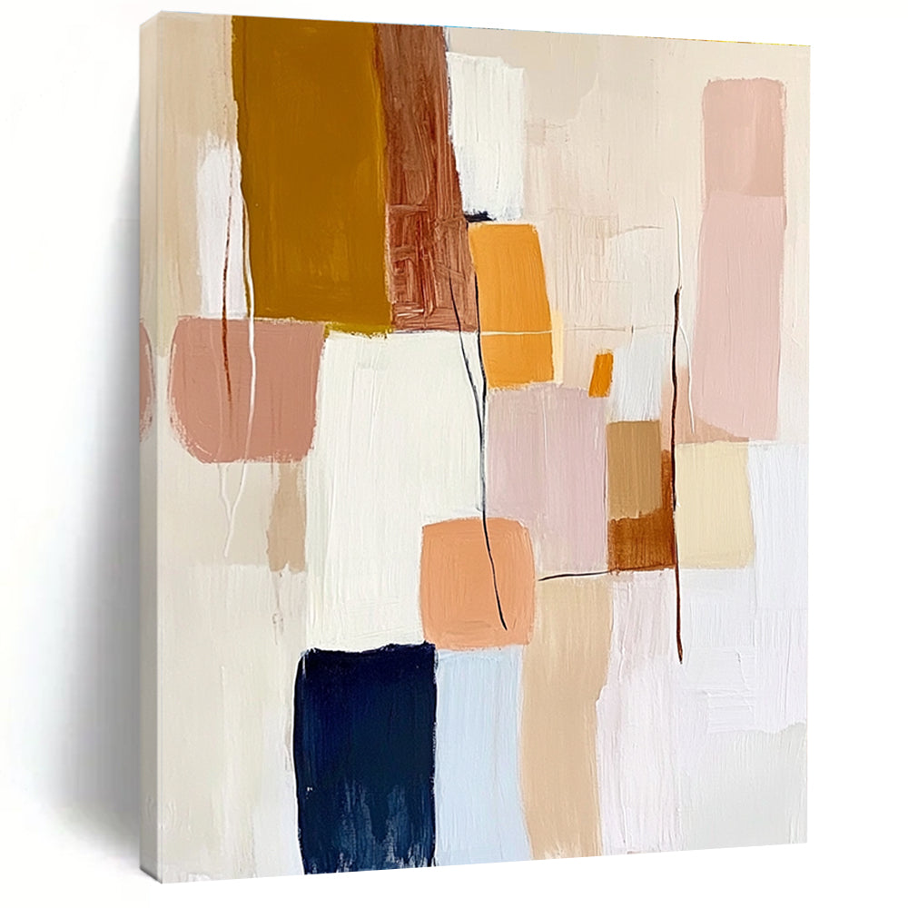 Large abstract painting featuring geometric shapes in pastel colors with textured brush strokes on a white background creating a harmonious composition.STSC755