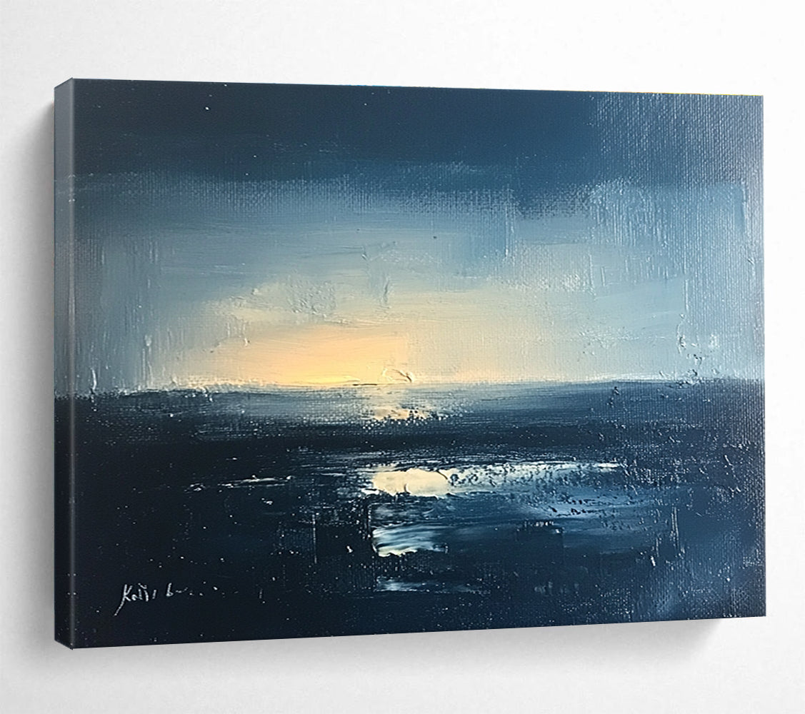 Large abstract landscape oil painting of a night sea with blue gray and black hues featuring soft light and detailed brushstrokes.SC068