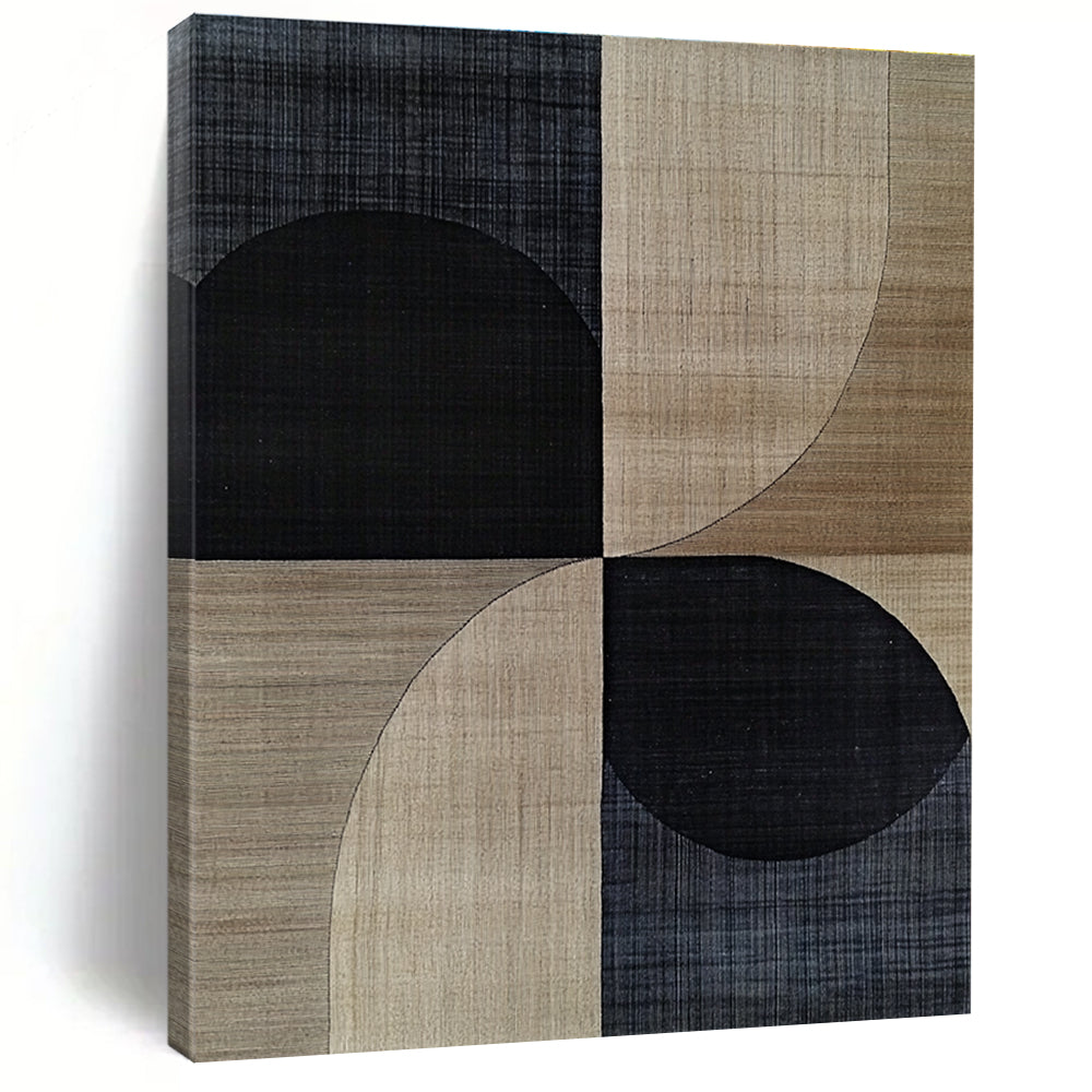 A large abstract painting featuring mid-century modern designs with black and beige shapes, wood grain texture, and subtle geometric patterns.STSC1318