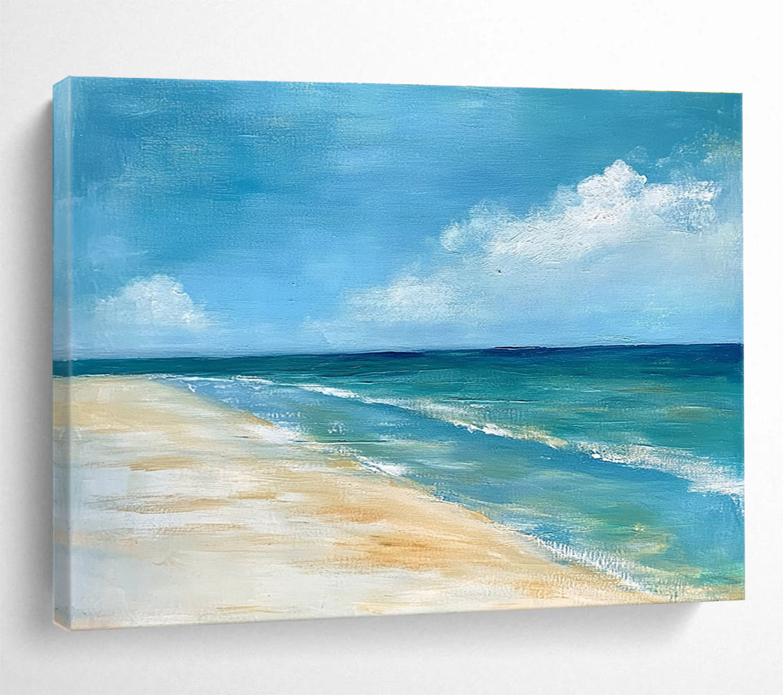 A large abstract painting of the ocean sky and sandy beach in muted blue tones with green accents and soft clouds for a serene ambiance.SC362