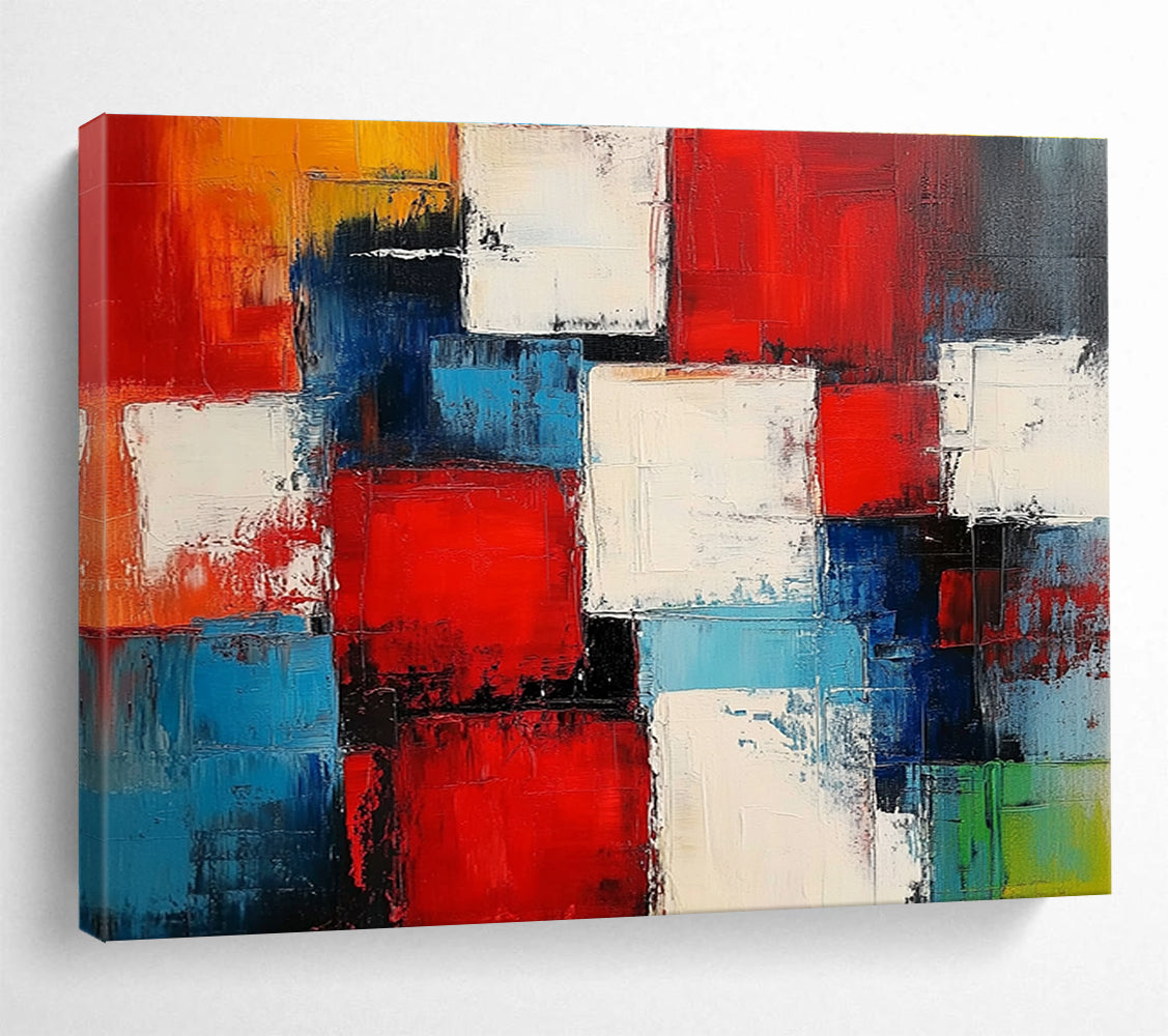 Colorful Square Abstract Painting with Red Blue and White DYP505