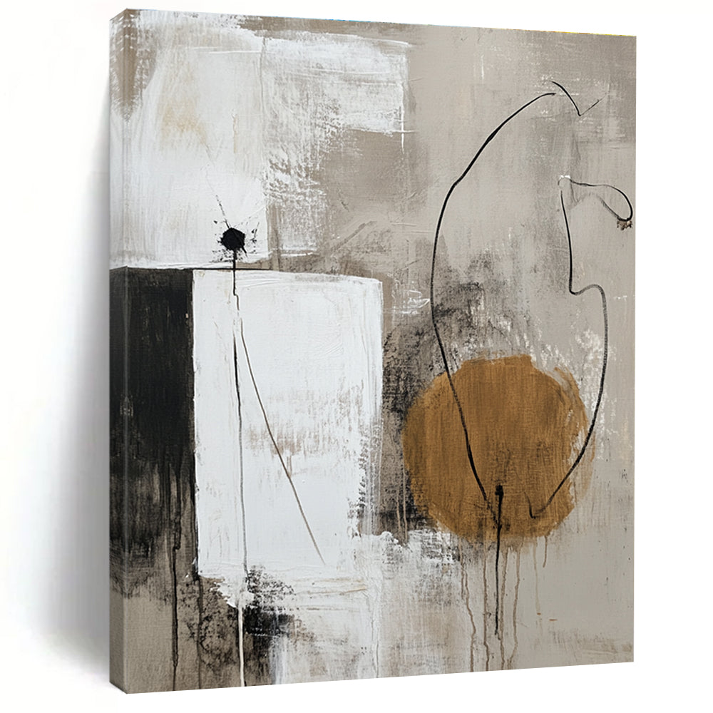 Large abstract painting in neutral tones featuring white shapes and a single accent color for a minimalistic touch.STSC777