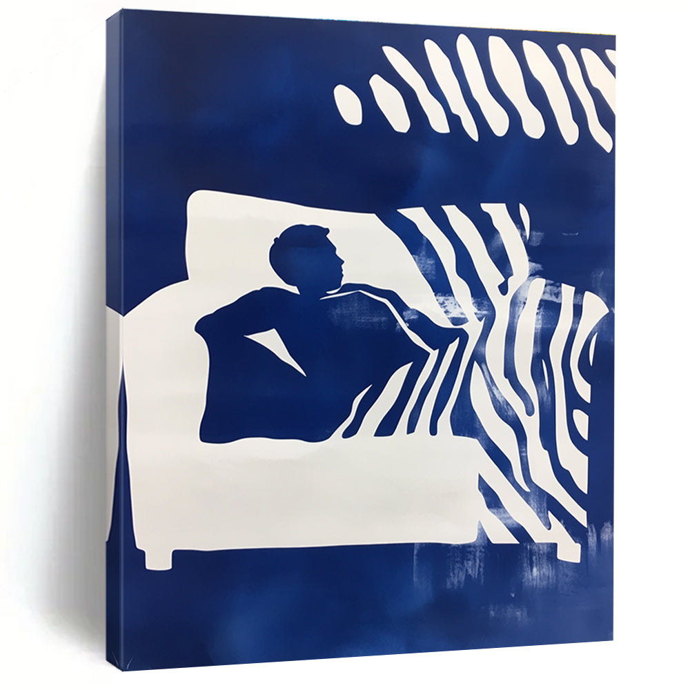Abstract art featuring a man on a couch with blue and white stencil print and a zebra pattern background in a striking double exposure effect.STSC1210