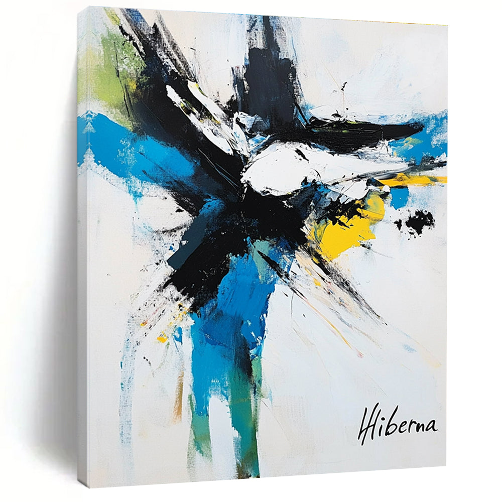 Large abstract painting featuring dynamic brush strokes in white black blue yellow and green capturing an animal in motion signed Hiberna.STSC1097