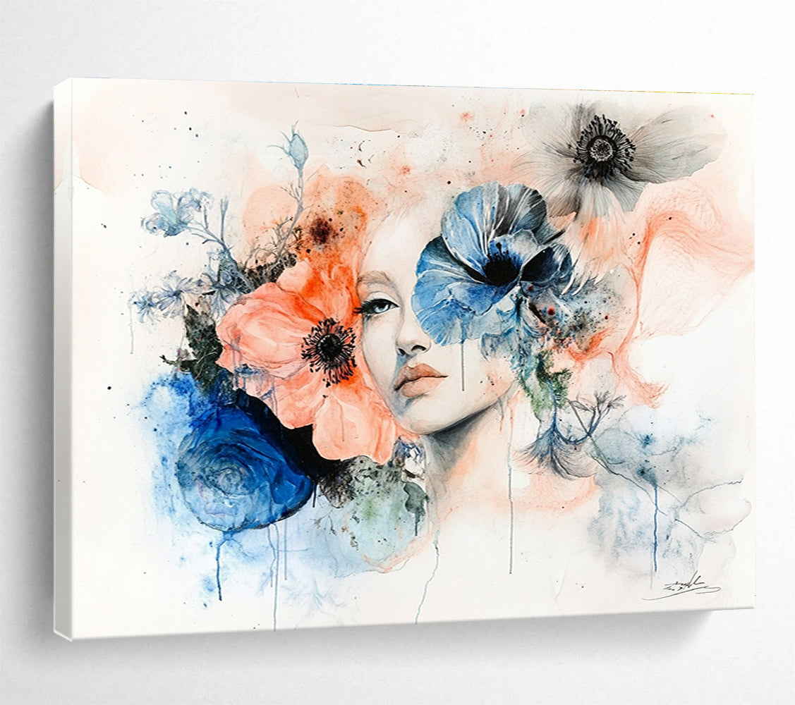 Large abstract painting featuring a woman's face framed by flowers in muted pastels of peach pink blue and grey on a white background.SC566