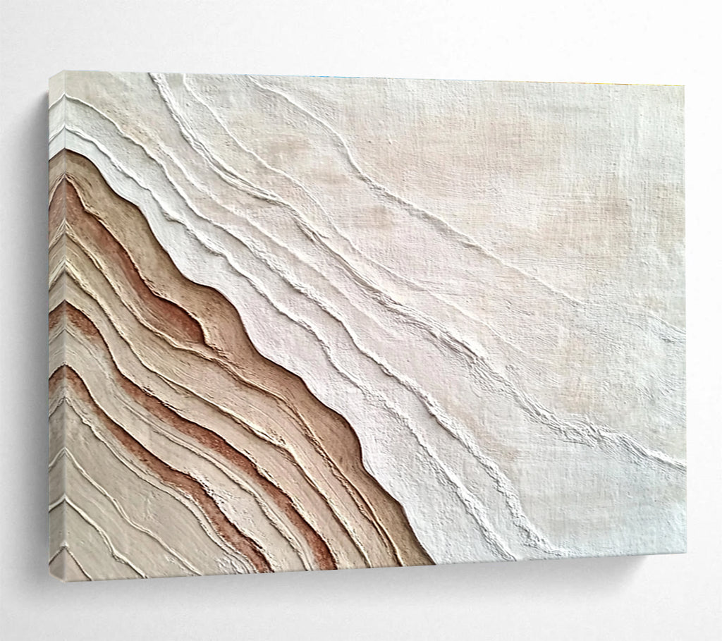 An abstract painting featuring the interplay of sand and water in white and brown hues, symbolizing growth and change through rich textures.SC448