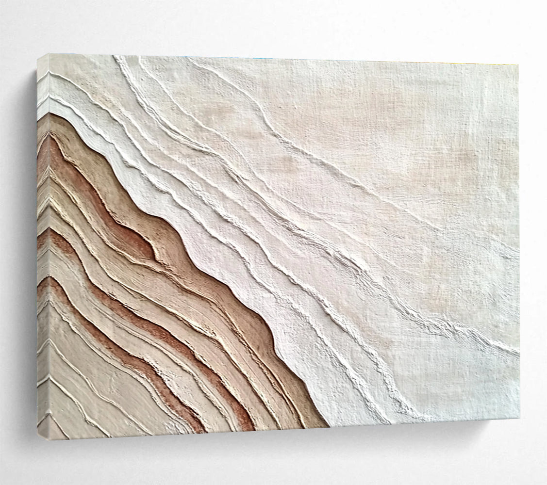 An abstract painting featuring the interplay of sand and water in white and brown hues, symbolizing growth and change through rich textures.SC448