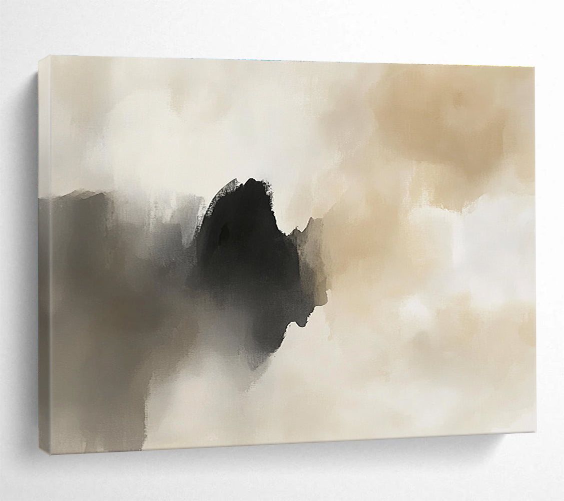Large abstract painting featuring light gray and dark beige tones with atmospheric clouds soft edges and elegant mysterious emotions.SC222