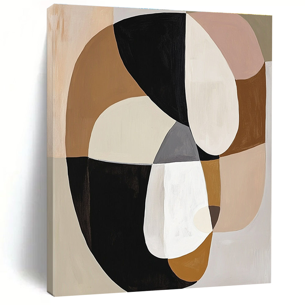 Large abstract painting featuring loose black white and beige shapes in neutral muted tones inspired by Marie Livingstone.STSC740