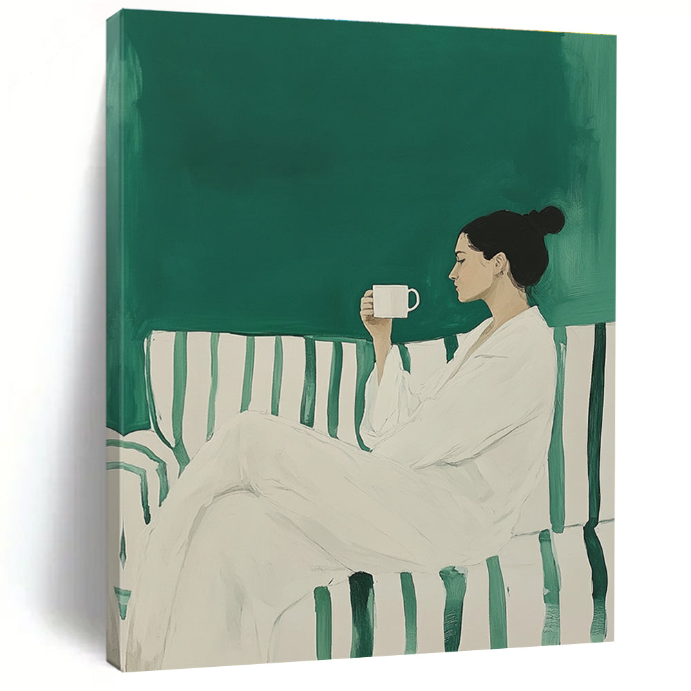 Large abstract painting featuring a woman in a white robe on a striped sofa holding a coffee mug against a green background.STSC1494