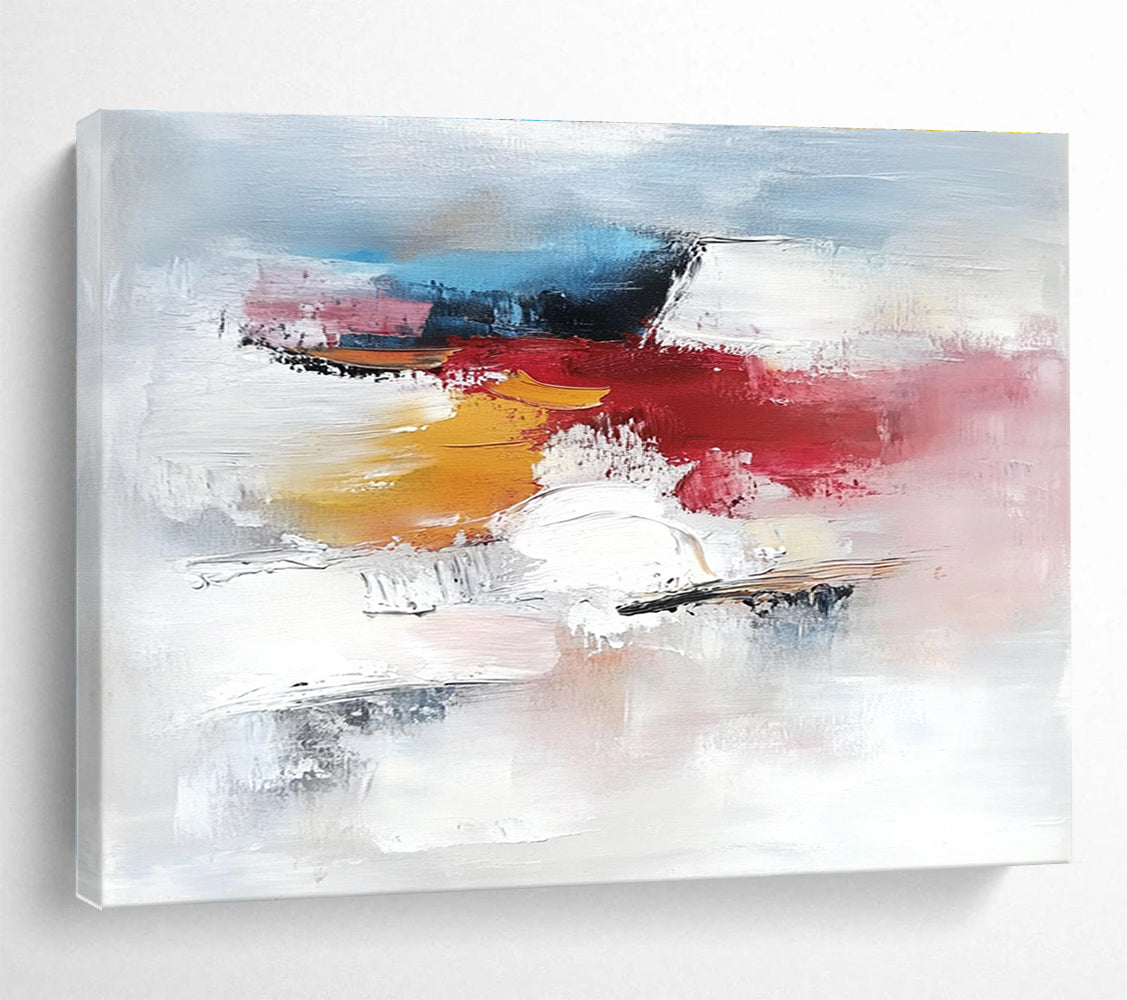 Large abstract painting featuring a serene ice landscape with white light blue hints of red and pink soft brush strokes and textured details.SC157