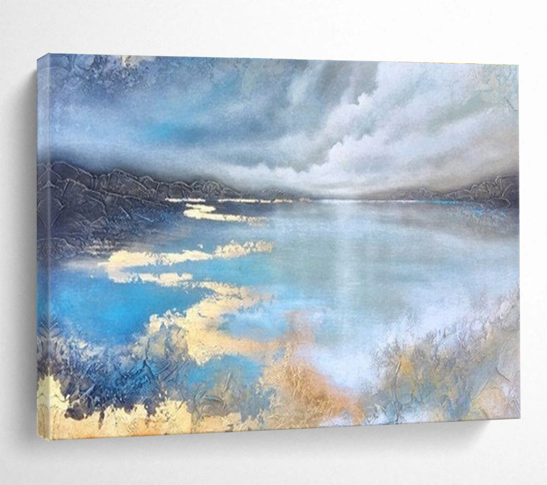 Lake Reflection Abstract Painting with Blue, Grey, and Gold Tones THY192