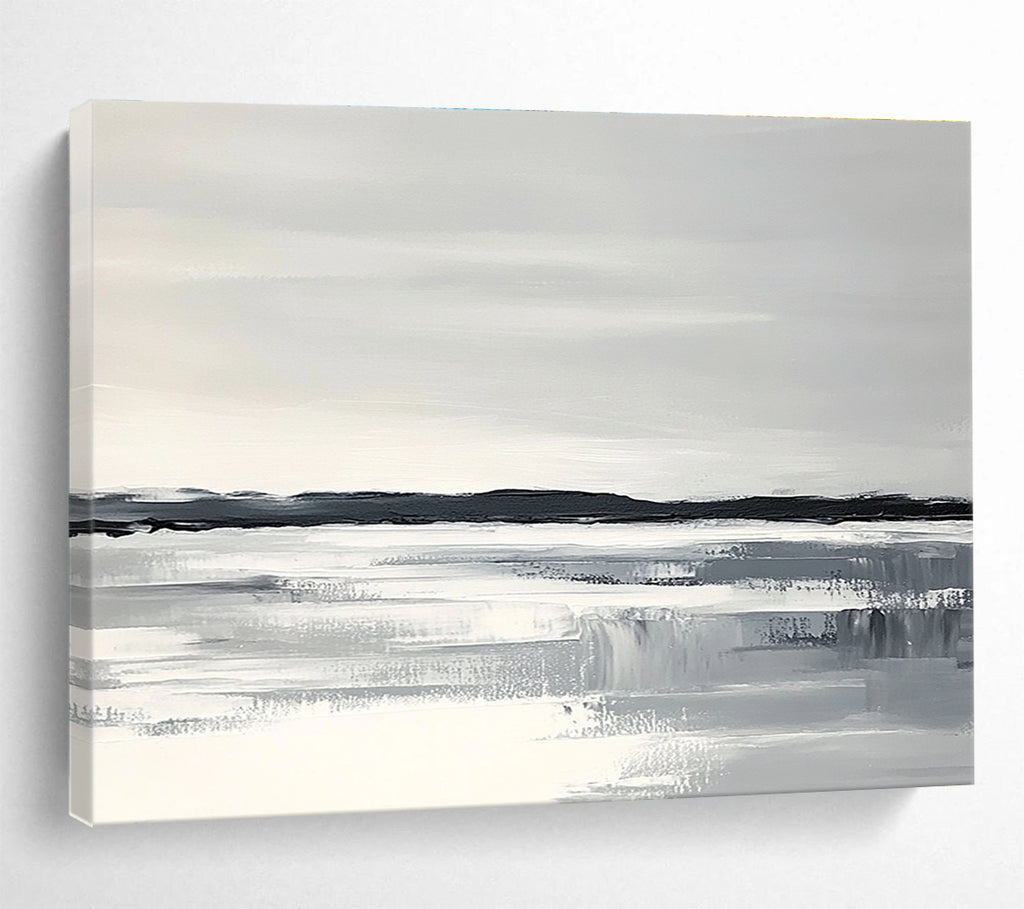 Abstract painting of an Arctic landscape with a white sky gray water and black land featuring thick brush strokes and a monochromatic color scheme.SC154