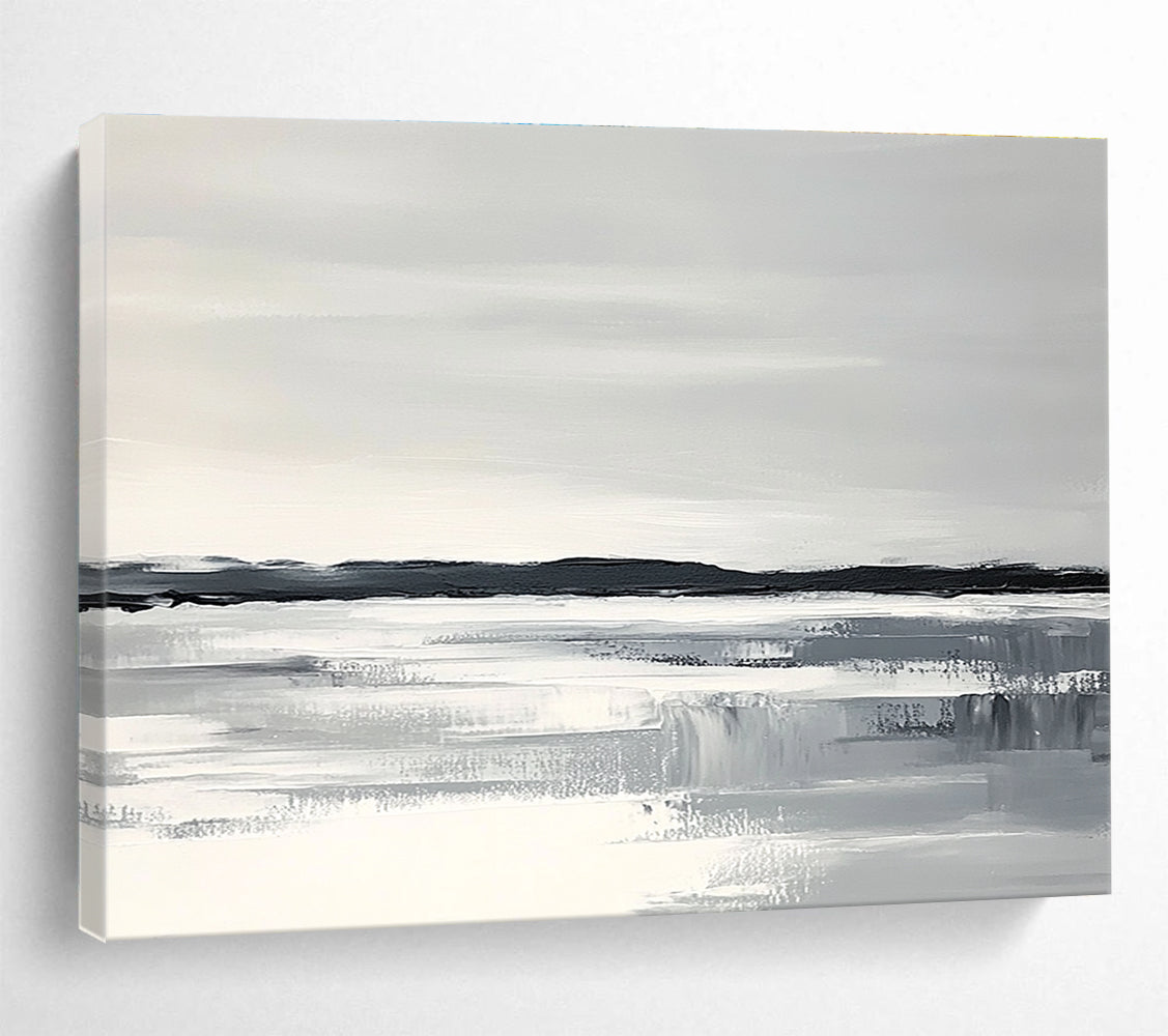 Abstract painting of an Arctic landscape with a white sky gray water and black land featuring thick brush strokes and a monochromatic color scheme.SC154