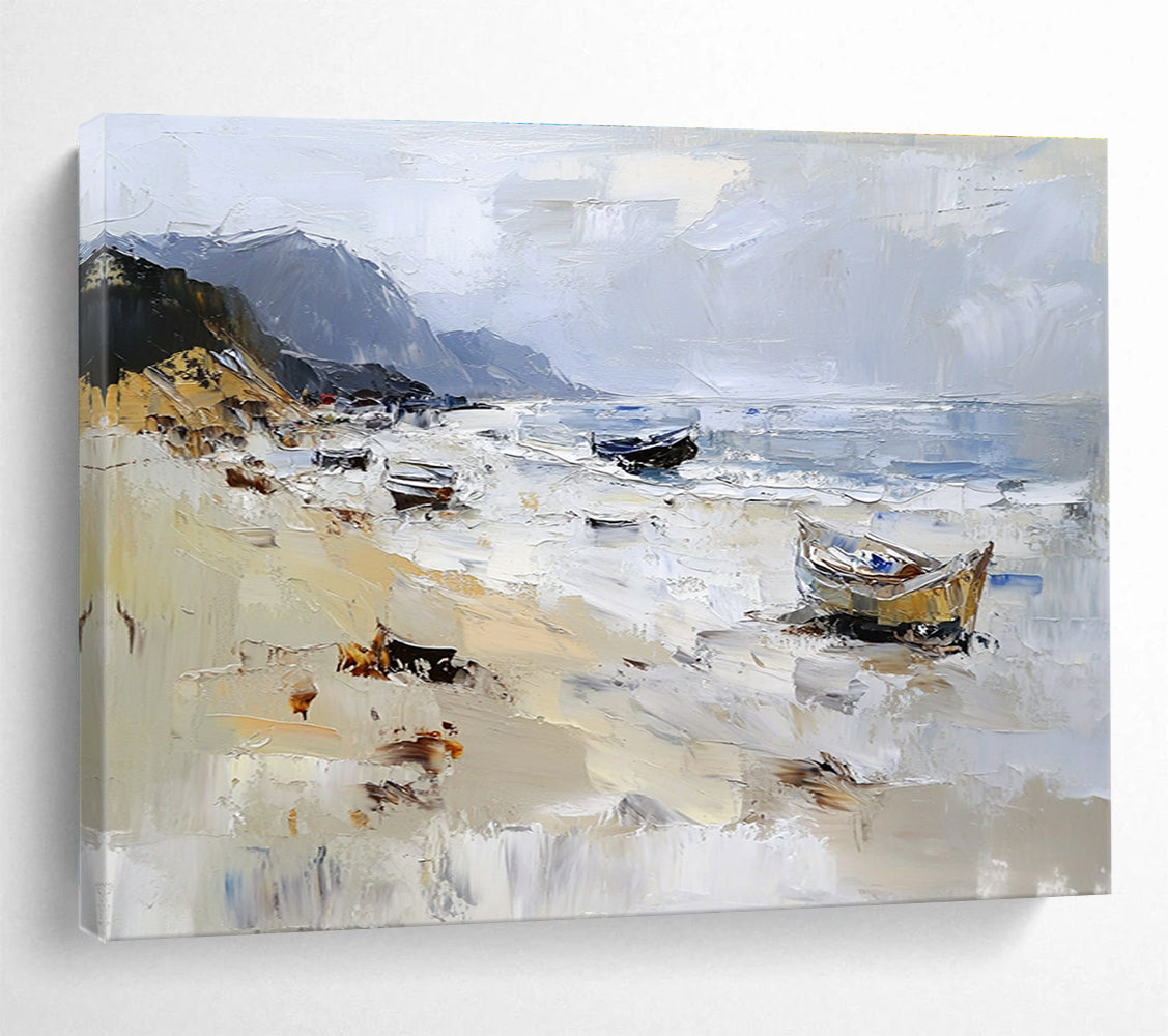 Large abstract oil painting of a beach with loose brush strokes featuring white gray and brown colors and visible sea spray and mountains in the background.SC605