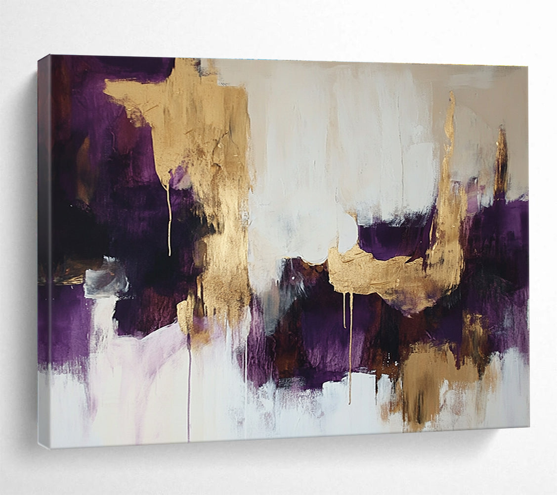 Large abstract painting in white and purple with gold hints soft edges dark tones creating an atmospheric vibe.SC212