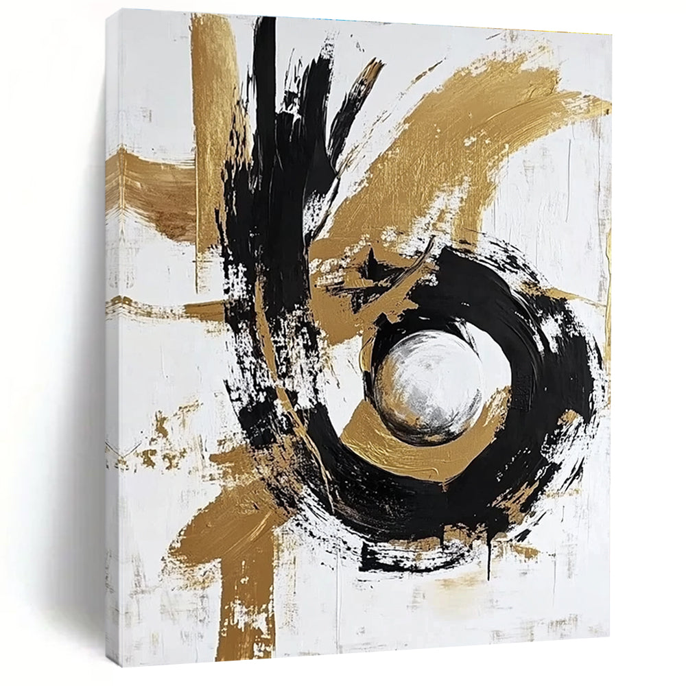 Gold and Black Abstract Painting with Circular Motifs GER655