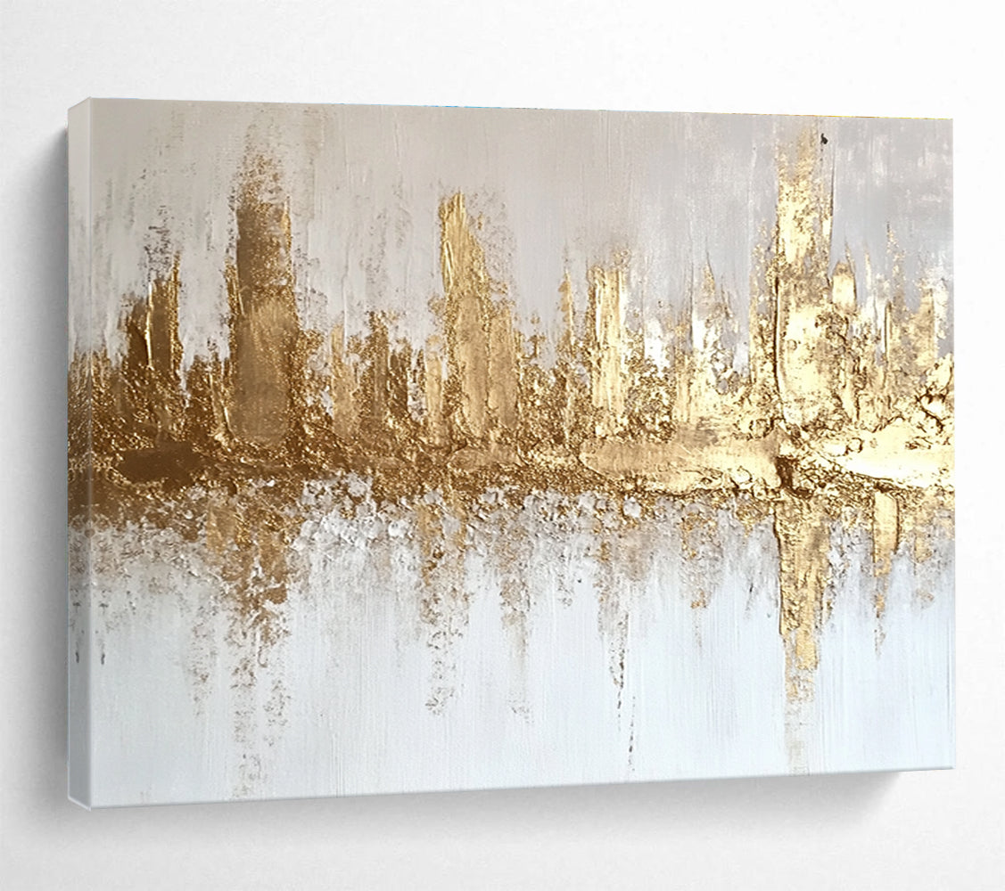 Gold and White Cityscape Abstract Painting with Textured Gold Accents DYP312