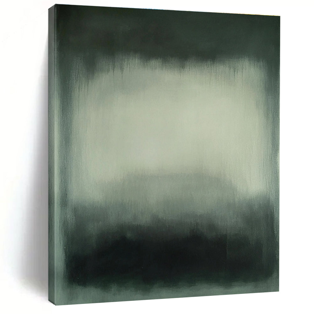 Large abstract painting featuring gray and white hues with blurred edges and a dark green gray background in a soft hazy atmospheric style.STSC683